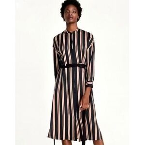 ZARA 'Silky Feel' Striped Long Sleeve Button Up Midi Dress with Tie Belt - S